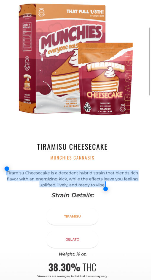 TIRAMISU CHEESECAKE 3.5g (Munchies) HYBRID 38%THC 🔥🔥